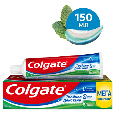 Изображение товара Зубная паста Colgate Тройное действие Натуральная мята 150 мл для защиты и отбеливания Изображение товара Зубная паста Colgate Тройное действие Натуральная мята 150 мл для защиты и отбеливания