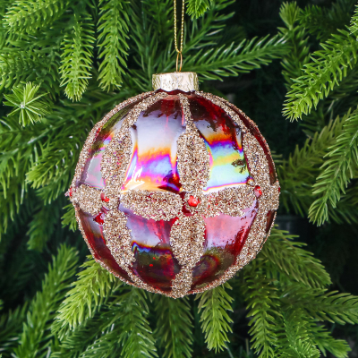 Изображение товара Элегантный стеклянный шар Yancheng Shiny для елки 10 см фиолетово-золотой дизайн