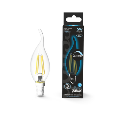 Изображение товара Лампа Gauss LED Filament Свеча на ветру dimmable E14 5W 450lm 4100K Изображение товара Лампа Gauss LED Filament Свеча на ветру dimmable E14 5W 450lm 4100K