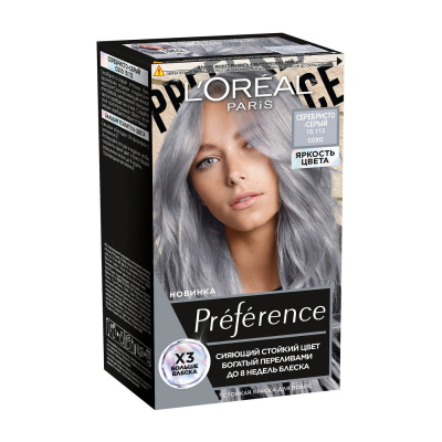 Изображение товара Краска для волос Loreal Preference 10.112 Серебристо-серый 1 упаковка Изображение товара Краска для волос Loreal Preference 10.112 Серебристо-серый 1 упаковка