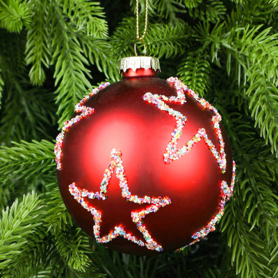 Изображение товара Шар Yancheng Shiny стеклянный красный со звездами 8 см