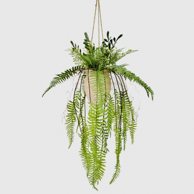 Изображение товара Папоротник Бостон искусственный ампельный в подвесном керамическом кашпо 14х14х20 см, высота 85 см, ширина 60 см