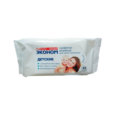 Изображение товара Влажные салфетки Эконом Smart 64 шт для тела с алоэ вера для детей