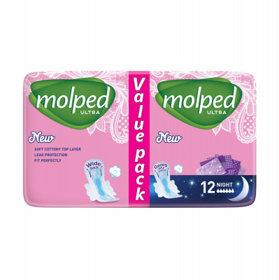 Изображение товара Женские гигиенические прокладки Molped Ultra ночные 12 шт с крылышками Изображение товара Женские гигиенические прокладки Molped Ultra ночные 12 шт с крылышками