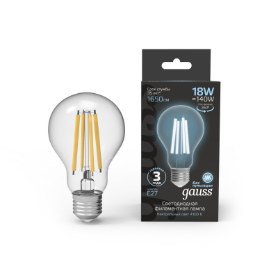Изображение товара Лампа Gauss Filament А60 18W 1650lm 4100K E27 LED Изображение товара Лампа Gauss Filament А60 18W 1650lm 4100K E27 LED