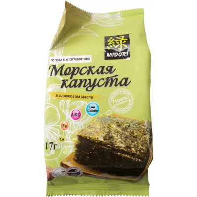 Изображение товара Морская капуста MIDORI в оливковом масле 17 г - полезный снэк из Северной Кореи