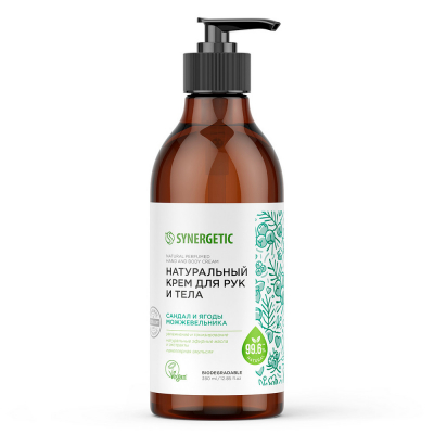 Изображение товара Натуральный крем для рук и тела Synergetic Сандал и ягоды можжевельника, 380 мл