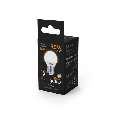 Изображение товара Лампа Gauss LED Шар E27 9.5W 890lm 3000K 1/10/50
