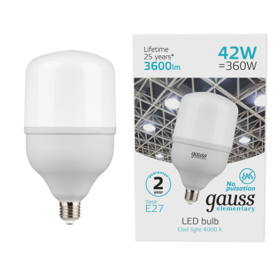Изображение товара LED лампа Gauss Elementary T120 E27 42W 3600lm 4000K для больших помещений Изображение товара LED лампа Gauss Elementary T120 E27 42W 3600lm 4000K для больших помещений