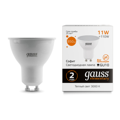 Изображение товара Лампа светодиодная Gauss Elementary MR16 11W 3000K GU10 с высоким индексом цветопередачи Изображение товара Лампа светодиодная Gauss Elementary MR16 11W 3000K GU10 с высоким индексом цветопередачи