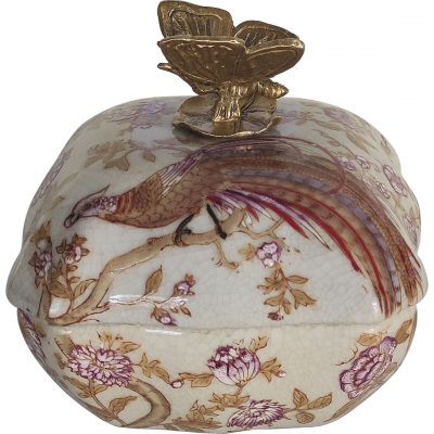 Изображение товара Шкатулка Glasar бежевая с красным павлином и бабочкой на крышке, 11x11x11 см