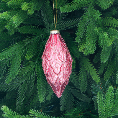 Изображение товара Стеклянная ёлочная игрушка Yancheng Shiny розовая с орнаментом 6х13 см