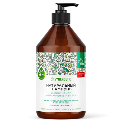 Изображение товара Шампунь для всех типов волос Synergetic Интенсивное увлажнение и блеск натуральный, бессульфатный, 750 мл
