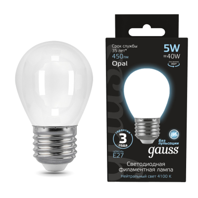 Изображение товара Лампа Gauss LED Filament Шар OPAL E27 5W 450lm 4100K Изображение товара Лампа Gauss LED Filament Шар OPAL E27 5W 450lm 4100K