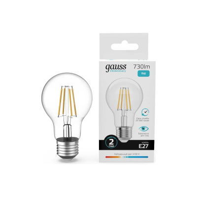Изображение товара Лампа Gauss Filament Elementary А60 9W 730lm 4100K E27 LED Изображение товара Лампа Gauss Filament Elementary А60 9W 730lm 4100K E27 LED