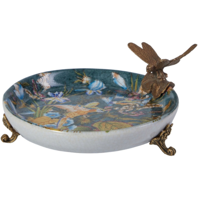 Изображение товара Декоративное блюдо Glasar со стрекозой 13х13х13 см из фарфора и металла