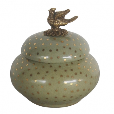 Изображение товара Шкатулка Glasar зеленая в горошек и с бронзовой птичкой 11x11x11см