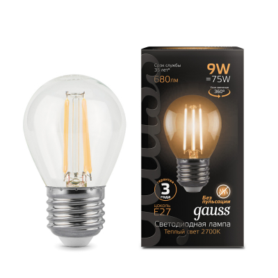 Изображение товара Лампа Gauss LED Filament Шар E27 9W 680lm 2700K для люстр и светильников Изображение товара Лампа Gauss LED Filament Шар E27 9W 680lm 2700K для люстр и светильников