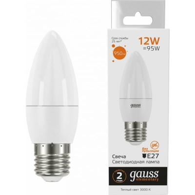 Изображение товара Лампа Gauss Elementary Свеча 12W 950lm 3000K E27 LED Изображение товара Лампа Gauss Elementary Свеча 12W 950lm 3000K E27 LED
