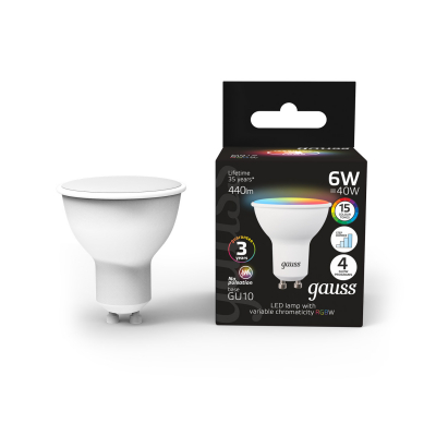 Изображение товара Лампа Gauss MR16 6W GU10 RGBW диммируемая LED для дома и офиса Изображение товара Лампа Gauss MR16 6W GU10 RGBW диммируемая LED для дома и офиса