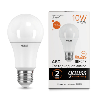 Изображение товара Светодиодная лампа Gauss Elementary A60 10W E27 3000K 1/10/50