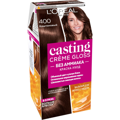 Изображение товара Краска для волос L'Oreal Casting Creme Gloss 400 Каштан, без аммиака, стойкая, 254 мл Изображение товара Краска для волос L'Oreal Casting Creme Gloss 400 Каштан, без аммиака, стойкая, 254 мл