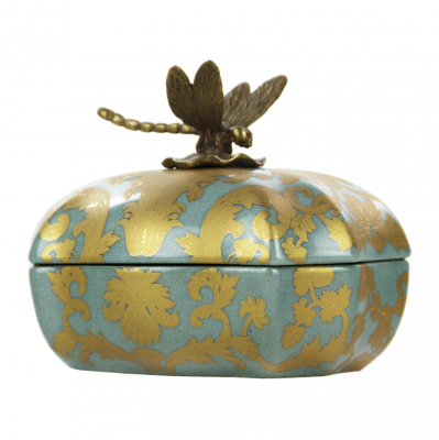 Изображение товара Шкатулка Glasar фарфоровая с бронзовой стрекозой   14x12x10см