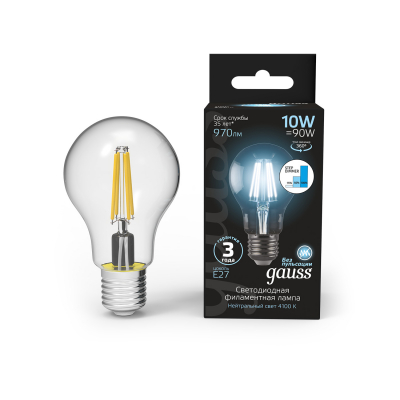 Изображение товара Лампа Gauss LED Filament A60 E27 10W 970lm 4100К регулировка яркости Изображение товара Лампа Gauss LED Filament A60 E27 10W 970lm 4100К регулировка яркости