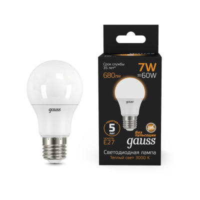 Изображение товара Светодиодная лампа Gauss LED A60 E27 7W 680lm 3000K для дома и улицы Изображение товара Светодиодная лампа Gauss LED A60 E27 7W 680lm 3000K для дома и улицы