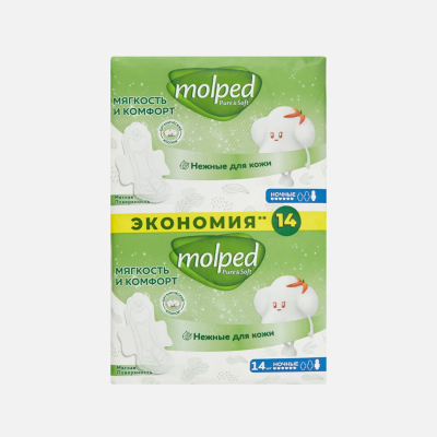 Изображение товара Прокладки ночные с крылышками Molped Pure&Soft 14 шт Изображение товара Прокладки ночные с крылышками Molped Pure&Soft 14 шт