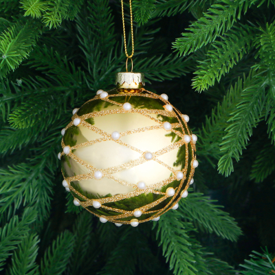 Изображение товара Ёлочная игрушка Yancheng Shiny стеклянный шар 8 см золотистый с белыми бусинами