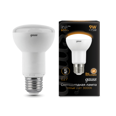 Изображение товара Светодиодная лампа Gauss LED R63 E27 9W 660lm 2700K энергосберегающая Изображение товара Светодиодная лампа Gauss LED R63 E27 9W 660lm 2700K энергосберегающая