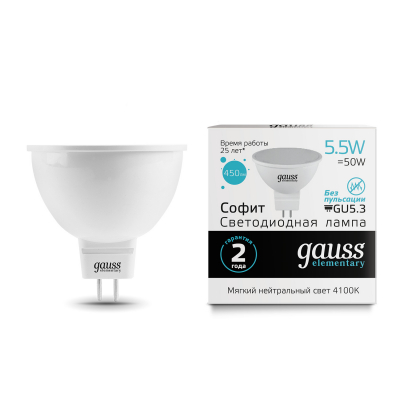Изображение товара LED лампа Gauss MR16 GU5.3 5.5W 4100K для внутреннего и наружного освещения