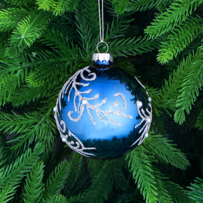 Изображение товара Игрушка ёлочная Yancheng Shiny шар стеклянный синий с белым узором 8 см