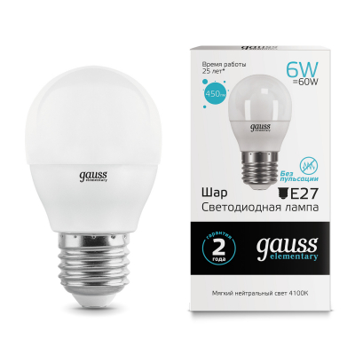 Изображение товара Gauss LED Elementary Globe 6W E27 4100K светодиодная лампа Изображение товара Gauss LED Elementary Globe 6W E27 4100K светодиодная лампа