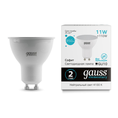 Изображение товара Лампа светодиодная Gauss Elementary MR16 11W 4100K GU10 для внутреннего освещения