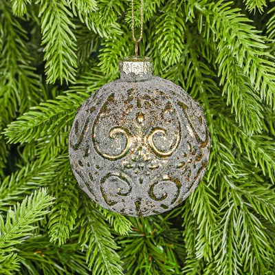 Изображение товара Стеклянный ёлочный шар Yancheng Shiny зелёный с золотым орнаментом 8 см