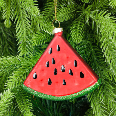 Изображение товара Стеклянная елочная игрушка арбуз, подвесная, ручная работа, 2,3x8x8,5 см
