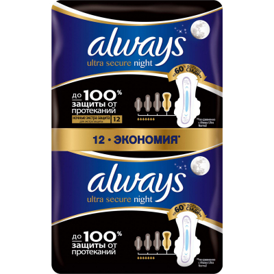 Изображение товара Женские гигиенические прокладки Always Ultra Ночные Экстра защита 12 шт Изображение товара Женские гигиенические прокладки Always Ultra Ночные Экстра защита 12 шт