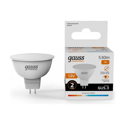 Изображение товара Лампа LED MR16 12V 7W 530lm 3000K GU5.3 Gauss Elementary