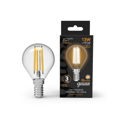 Изображение товара LED лампа Gauss Filament Шар 13W 1100lm 2700K E14 Изображение товара LED лампа Gauss Filament Шар 13W 1100lm 2700K E14