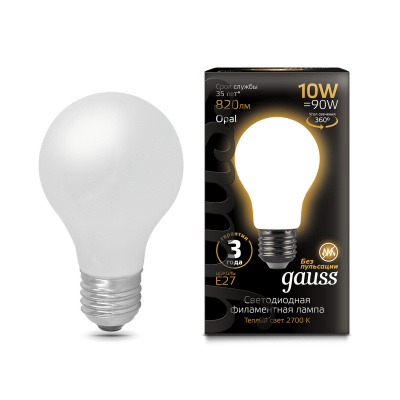 Изображение товара Лампа Gauss LED Filament A60 OPAL E27 10W 820lm 2700К молочная колба Изображение товара Лампа Gauss LED Filament A60 OPAL E27 10W 820lm 2700К молочная колба