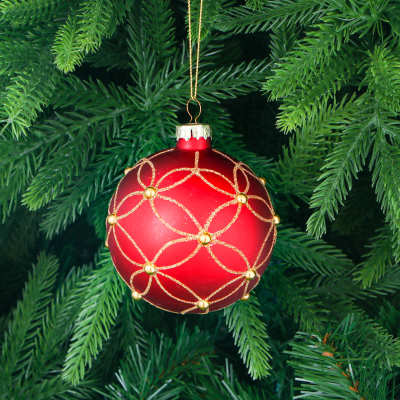 Изображение товара Игрушка ёлочная Yancheng Shiny стеклянная шар новогодний красный с золотистым узором