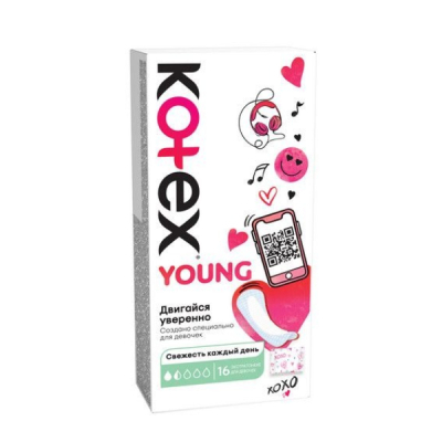 Изображение товара Прокладки для девочек Kotex Young ежедневные экстра 16 шт Изображение товара Прокладки для девочек Kotex Young ежедневные экстра 16 шт