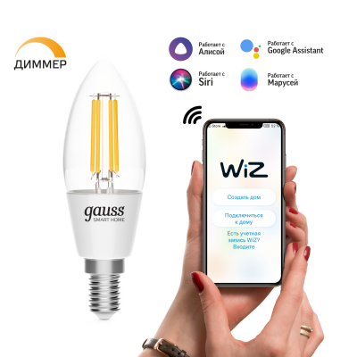 Изображение товара Умная Wi-Fi филаментная лампочка Gauss Smar Home Filament С35 4,5W E14 управление голосом Изображение товара Умная Wi-Fi филаментная лампочка Gauss Smar Home Filament С35 4,5W E14 управление голосом