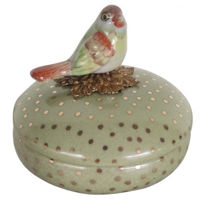 Изображение товара Зеленая шкатулка Glasar с бронзовым горошком и птичкой 11x11x10 см