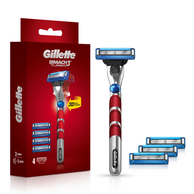 Изображение товара Мужская бритва Gillette Mach3 Turbo, 4 кассеты, с 3 лезвиями, прочнее, чем сталь, для точного бритья, с 3D-механизмом