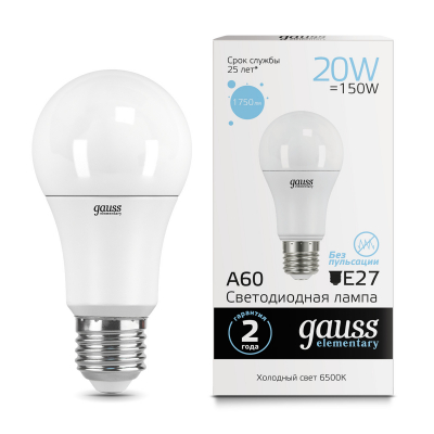 Изображение товара Светодиодная лампа Gauss Elementary A60 20W E27 6500K оптимальный свет Изображение товара Светодиодная лампа Gauss Elementary A60 20W E27 6500K оптимальный свет