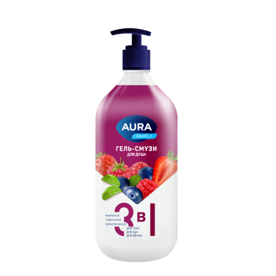 Изображение товара Гель-смузи для душа AURA Family 3 в 1 малина, черника, земляника 1 л