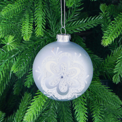 Изображение товара Стеклянная елочная игрушка шар молочного цвета с бисером высота 8 см